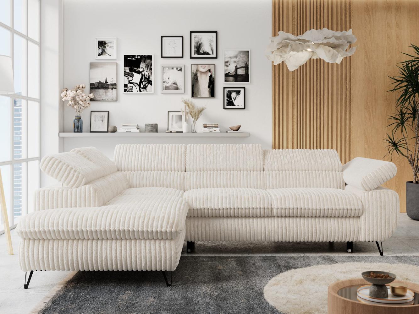 Ecksofa mit Bettfunktion, Modern Sofa, L-form, Einstellbare Kopfstützen, Bettkasten - PETER - Beige Cord - Topper T25 - links Bild 1