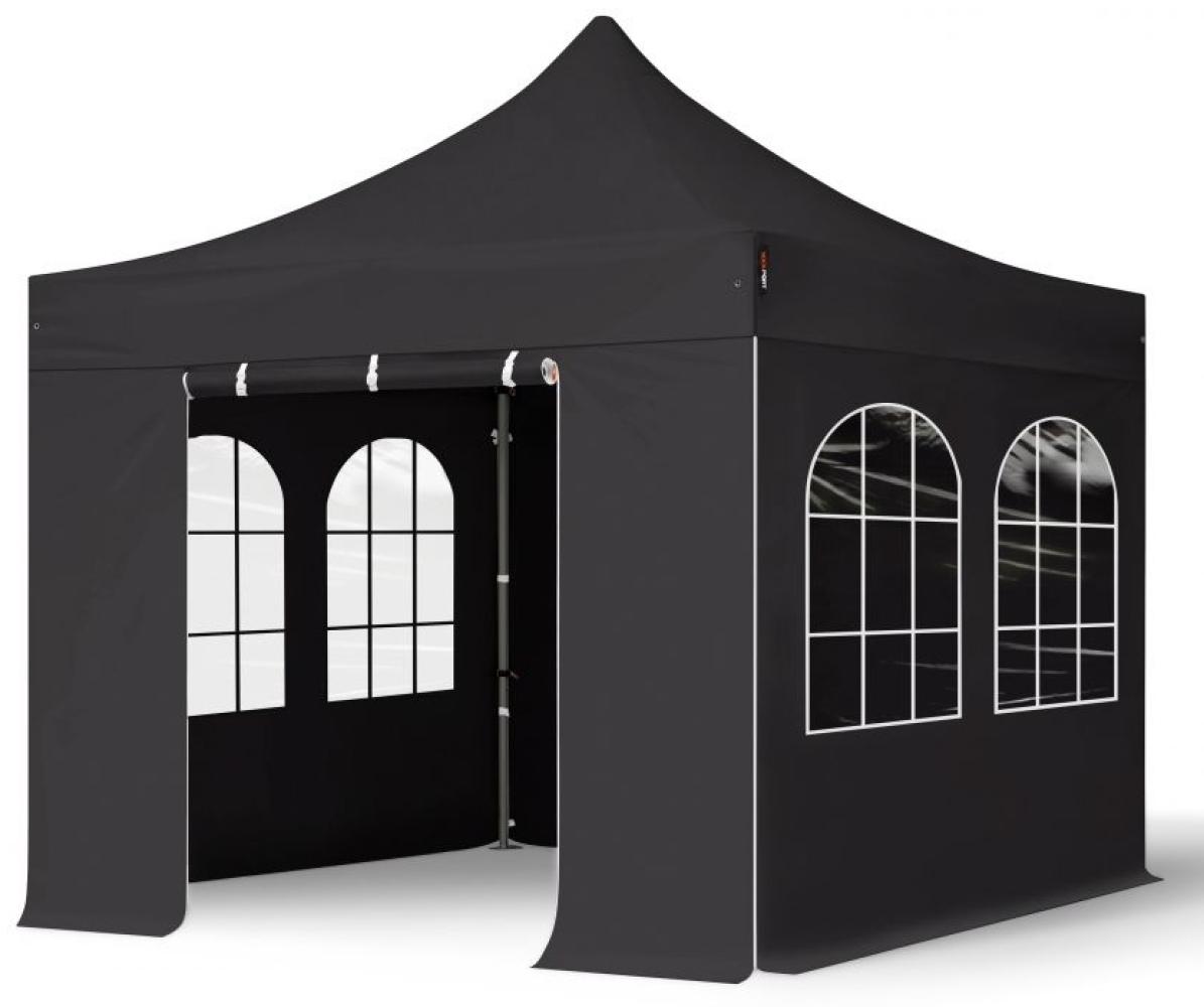 3x3 m Faltpavillon, PREMIUM Stahl 40mm, feuersicher, Seitenteile mit Sprossenfenstern, schwarz Bild 1