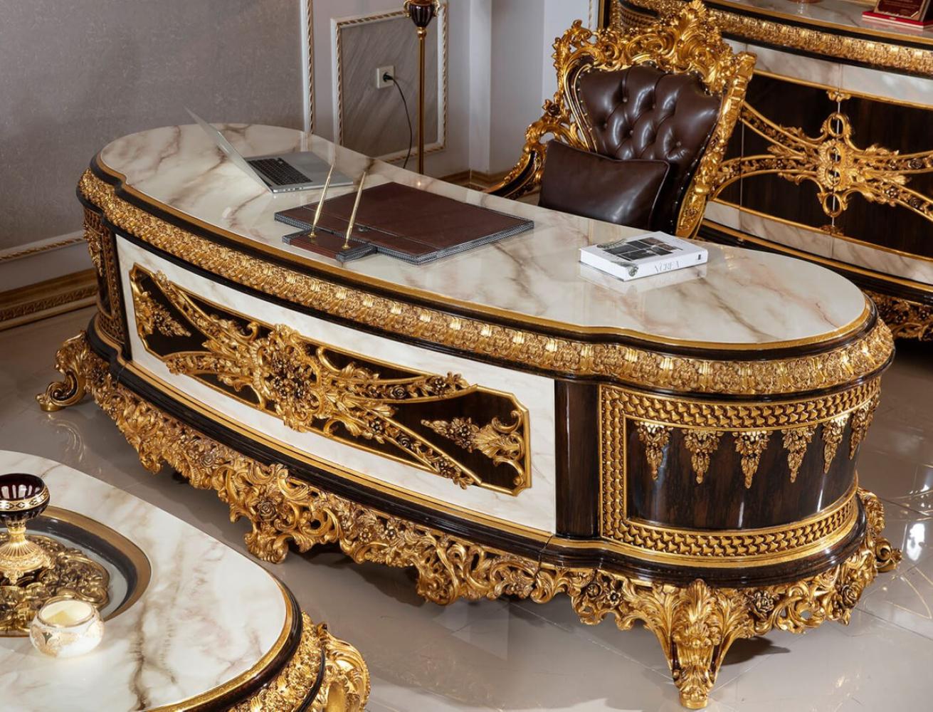 Casa Padrino Luxus Barock Büromöbel Set Weiß / Dunkelbraun / Gold - 1 Barock Schreibtisch mit Marmoroptik & 1 Barock Bürostuhl mit edlem Kunstleder - Prunkvolle Barock Büromöbel Bild 1