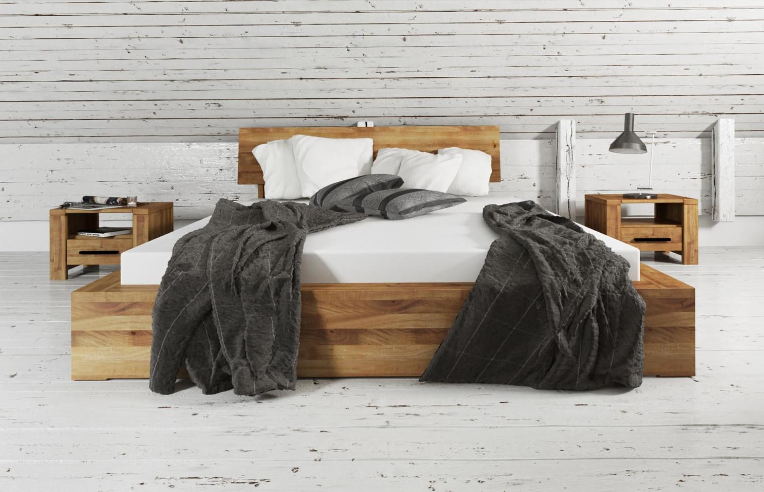 Bett Lubic 2 aus Wildeiche massiv 120x200 mit Holzkopfteil und Holzfußgestell Bild 1