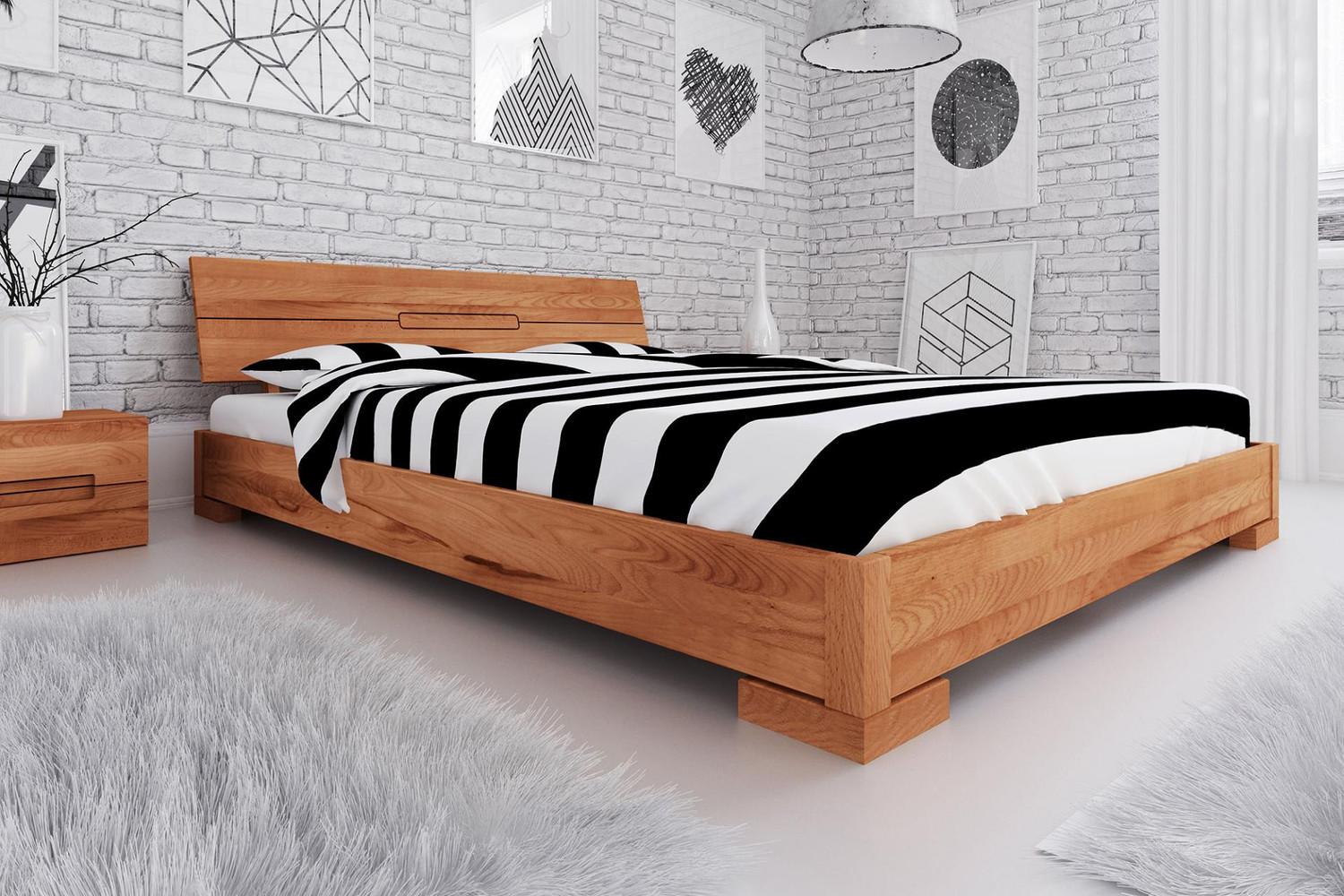Bett Bento 5 aus Kernbuche massiv 120x200 cm mit Holzkopfteil und Holzbeinen Bild 1