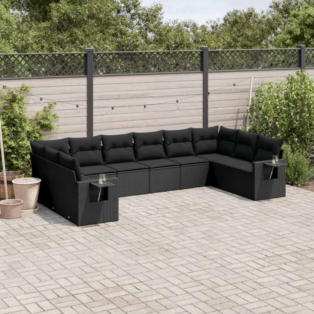 vidaXL 10-tlg. Garten-Sofagarnitur mit Kissen Schwarz Poly Rattan Bild 1