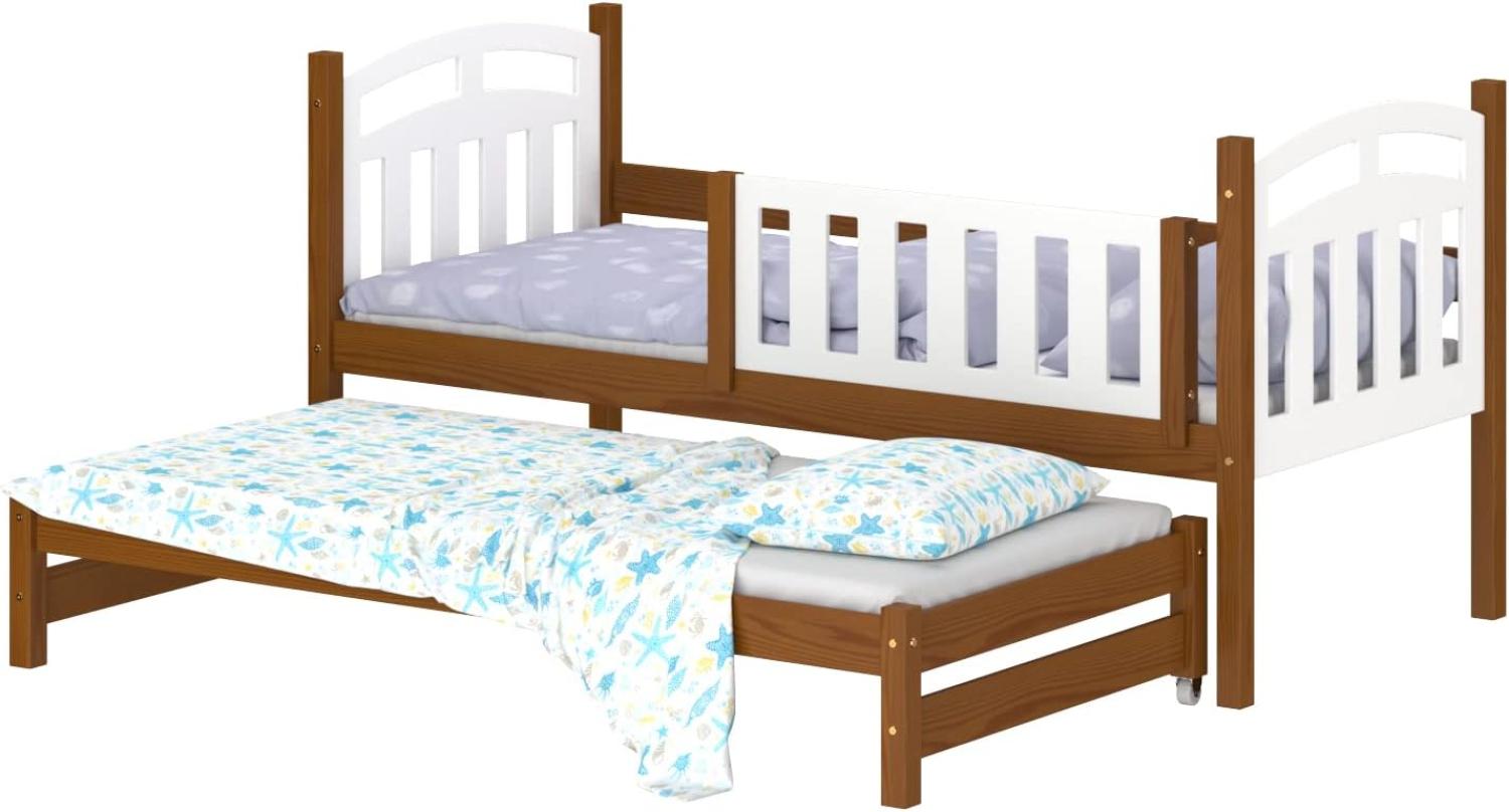 WNM Group Kinderbett Ausziehbar Suzie - aus Massivholz - Ausziehbett für Mädchen und Jungen - Hohe Qualität Bett mit Rausfallschutz für Kinder Braun - 160x80 / 150x80 cm Bild 1