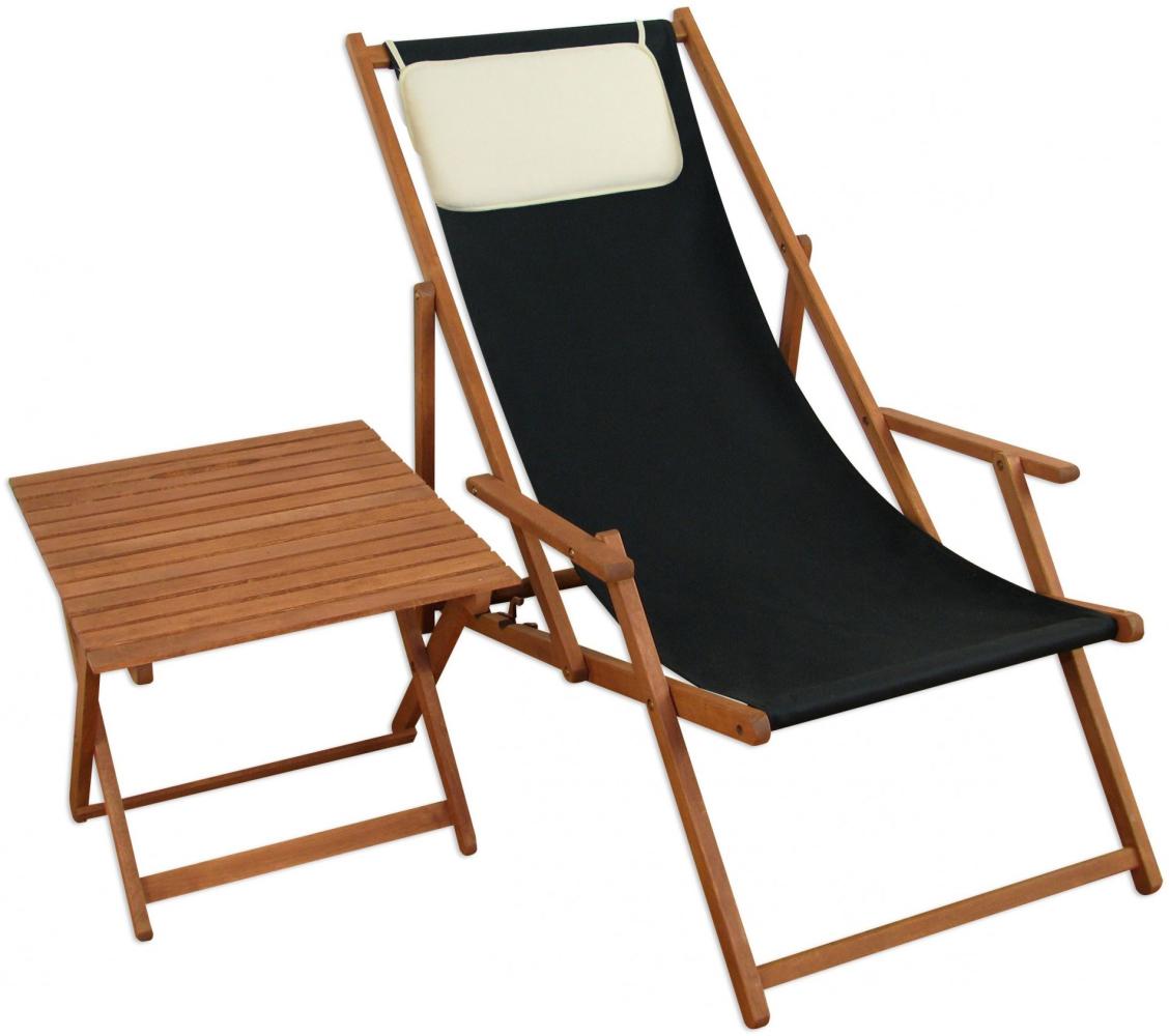 Deckchair schwarz Gartenliege Sonnenliege Strandstuhl Tisch Kissen Buche Gartenstuhl 10-305TKH Bild 1