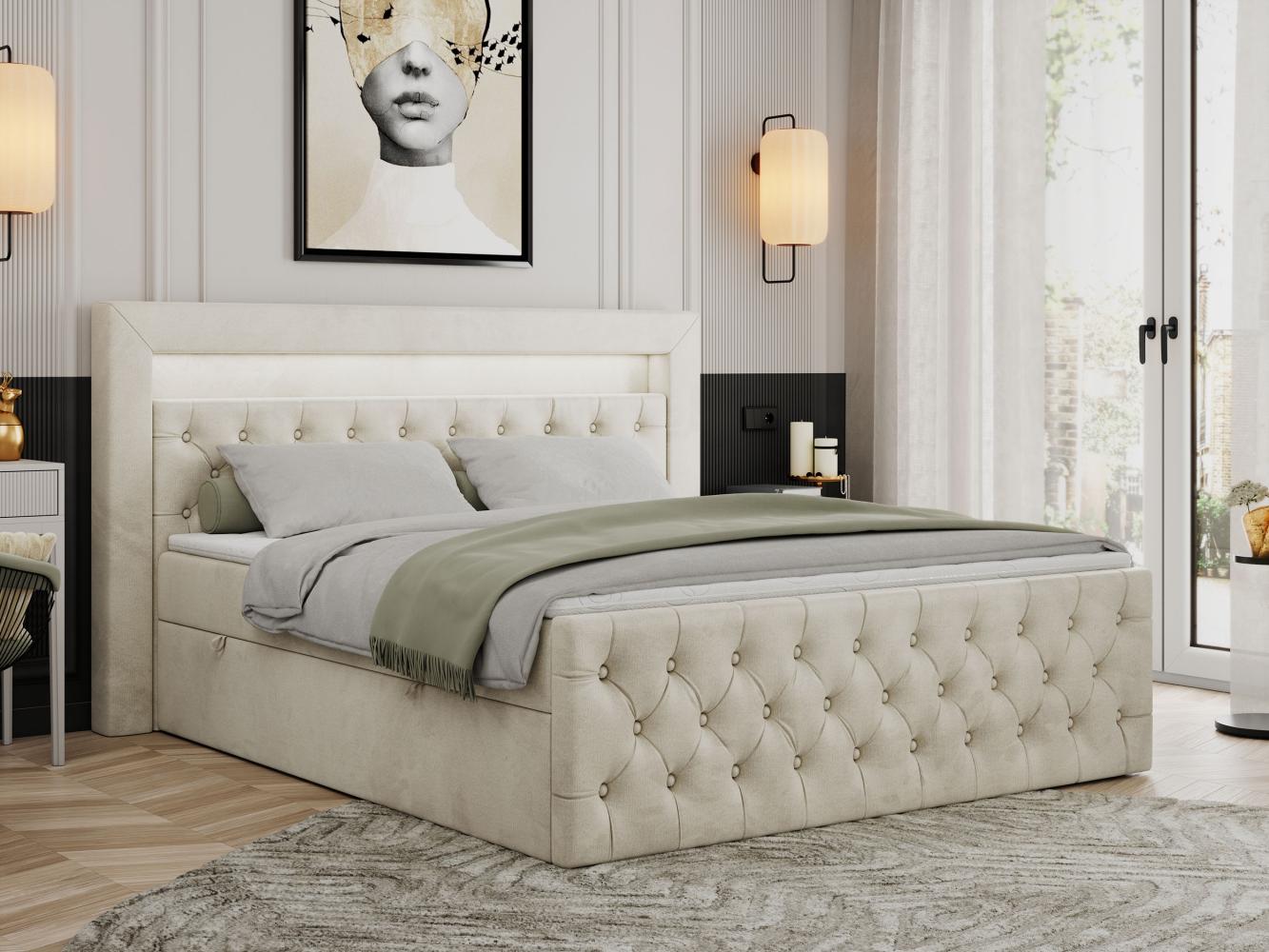 Boxspringbett, Stauraumbett mit Bettkasten, LED - GOLD-9 - 140x200cm - Beige Velours - H3 Bild 1