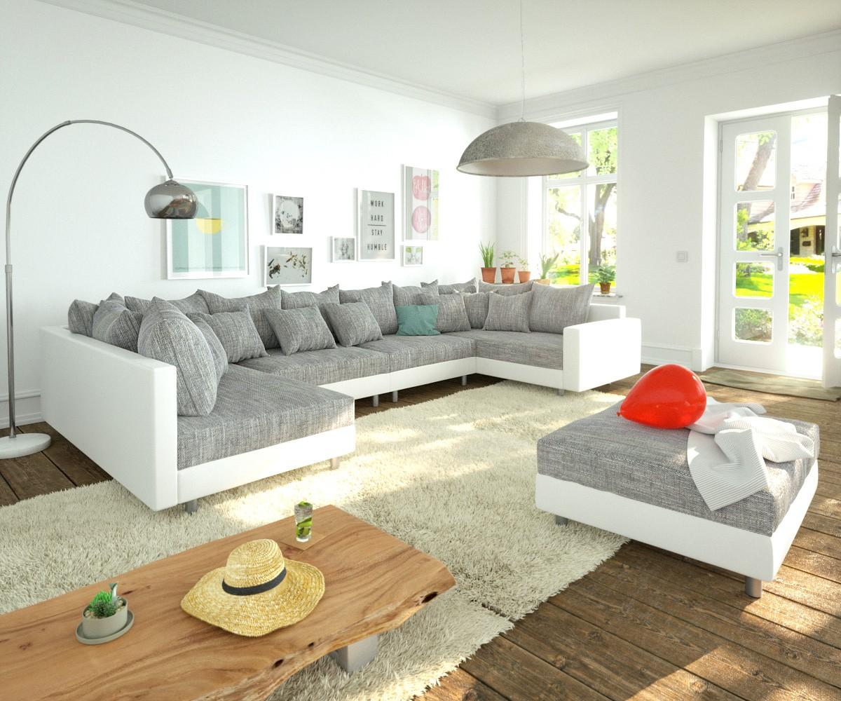 Couch Clovis XL Weiß/ Hellgrau Modulsofa Hocker Armlehne Wohnlandschaft Bild 1
