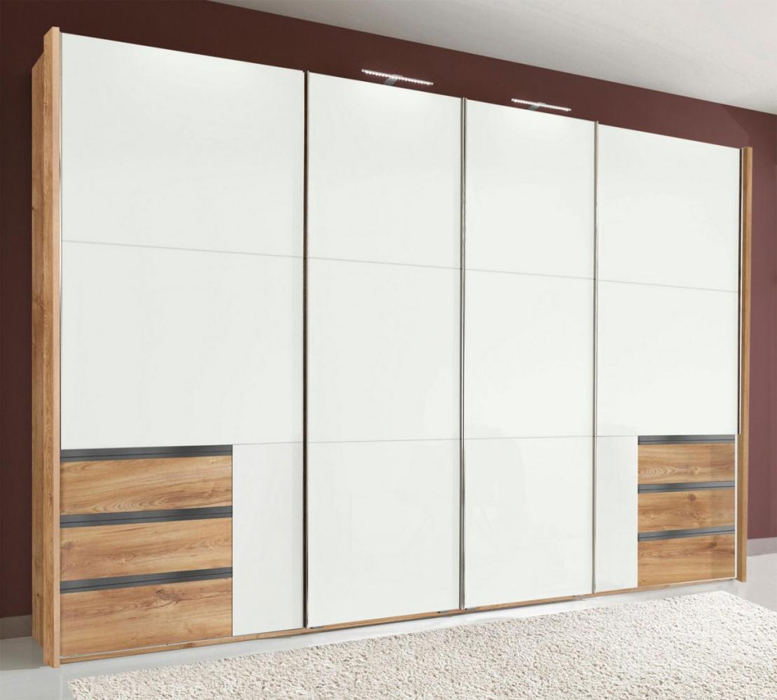 Schwebetürenschrank Level Kleiderschrank Synchronöffnung 300x65x216cm plankeneiche Weißglas Bild 1