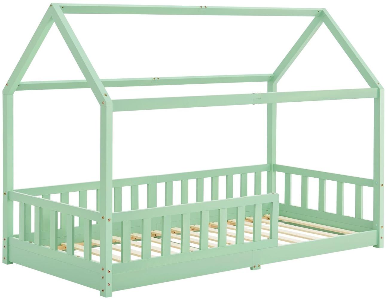 Juskys Kinderbett Marli 90 x 200 cm mit Rausfallschutz, Lattenrost und Dach - Massivholz Hausbett für Kinder - Bett in Mint Bild 1