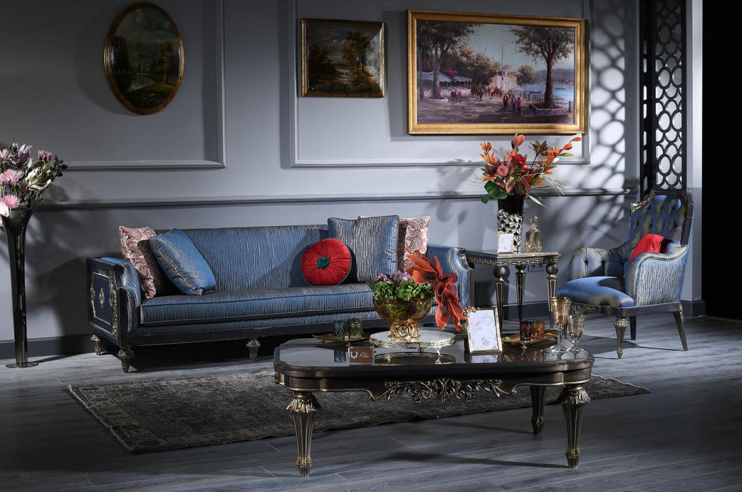 Casa Padrino Luxus Barock Wohnzimmer Set Blau / Gold - 2 Sofas & 2 Sessel & 1 Couchtisch & 2 Beistelltische - Prunkvolle Barock Möbel - Luxus Qualität Bild 1