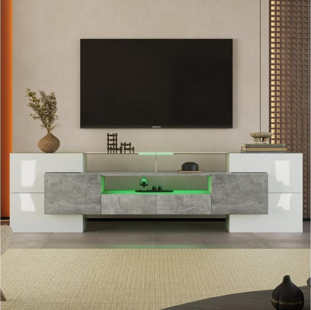 Merax Lowboard mit LED-Beleuchtung und Glasplatte, TV-Schrank mit hochglänzenden Korpus, Betonoptik, Breite 200 cm Bild 1