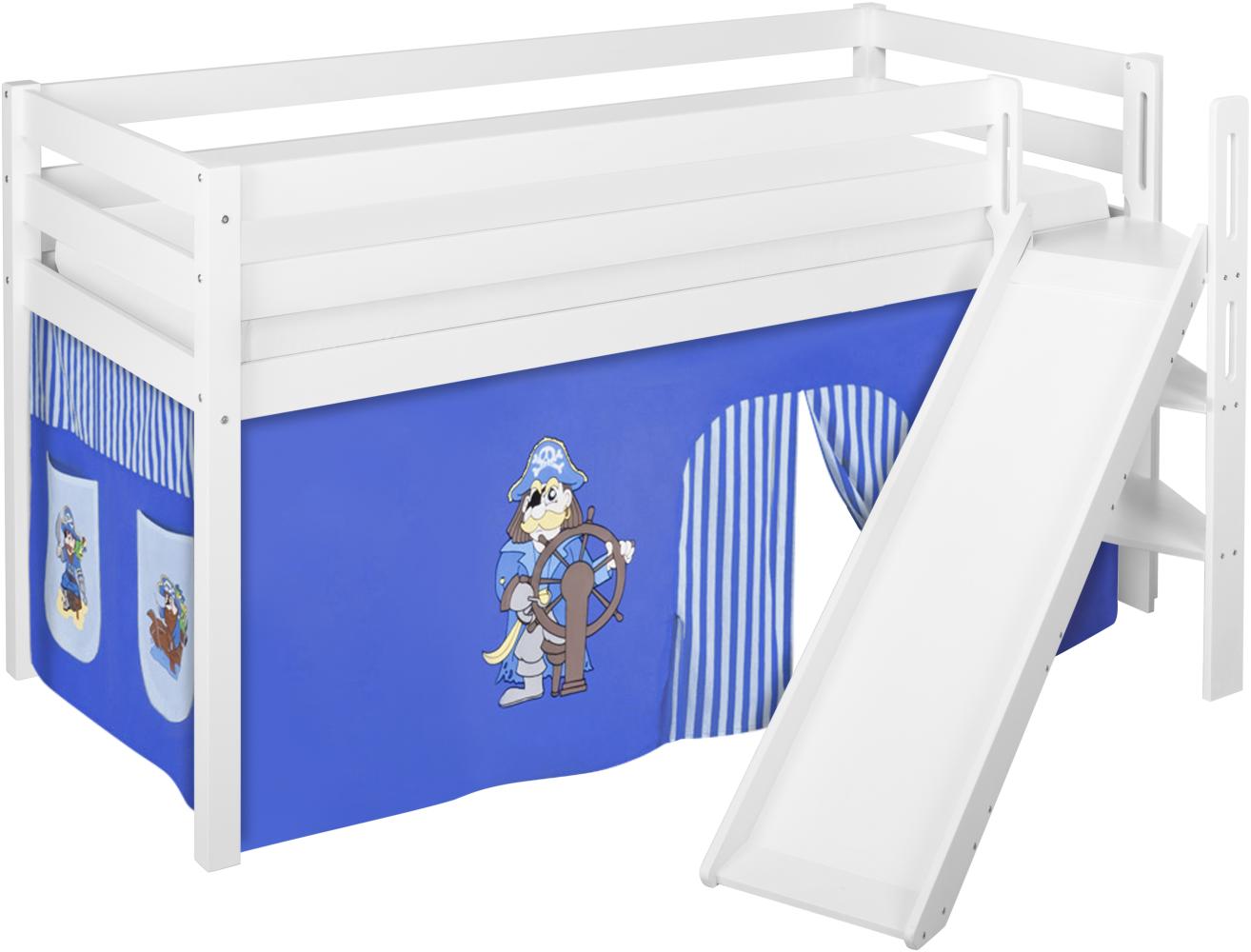 Lilokids 'Jelle' Spielbett 90 x 190 cm, Pirat Blau, Kiefer massiv, mit schräger Rutsche und Vorhang Bild 1