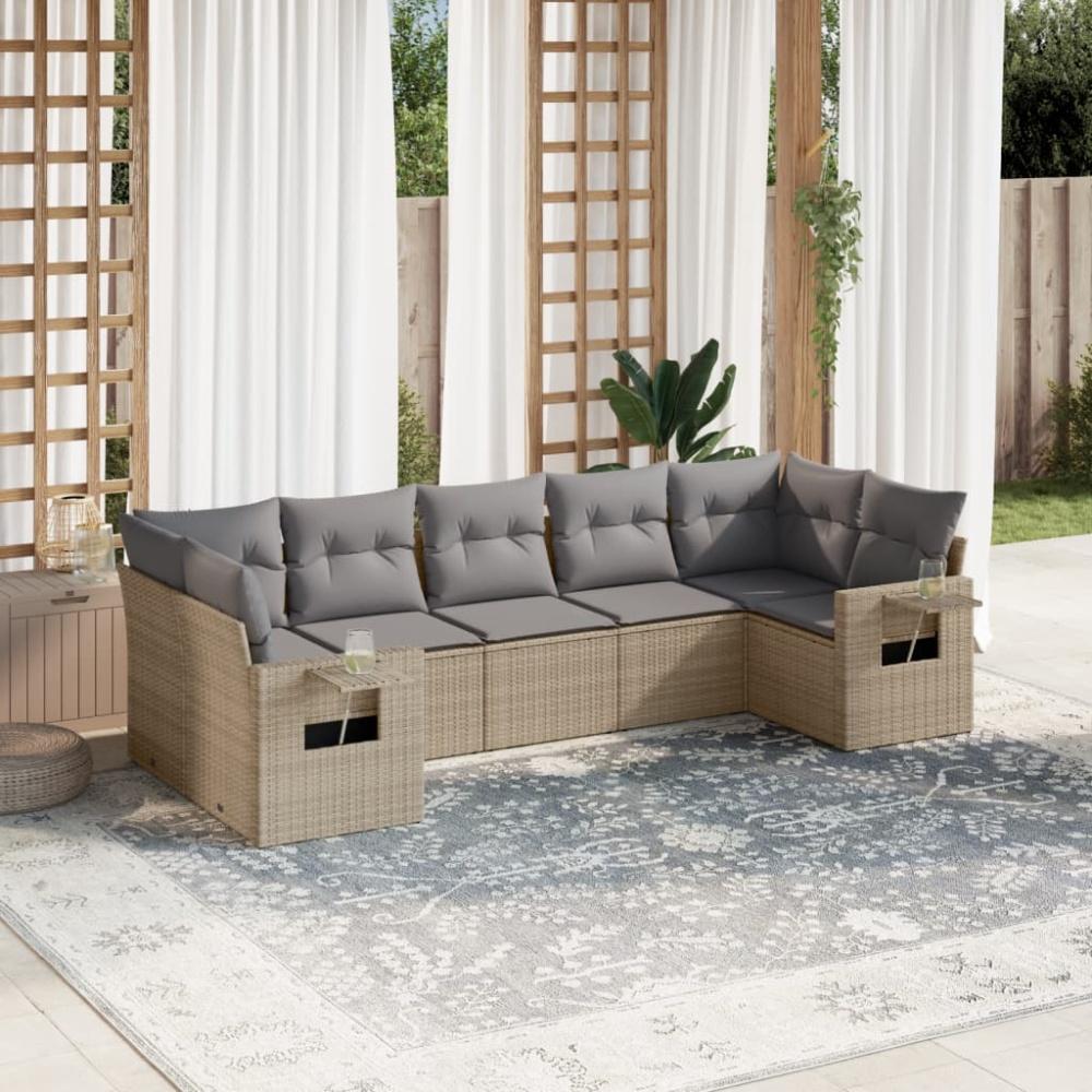 vidaXL 7-tlg. Garten-Sofagarnitur mit Kissen Beige Poly Rattan Bild 1