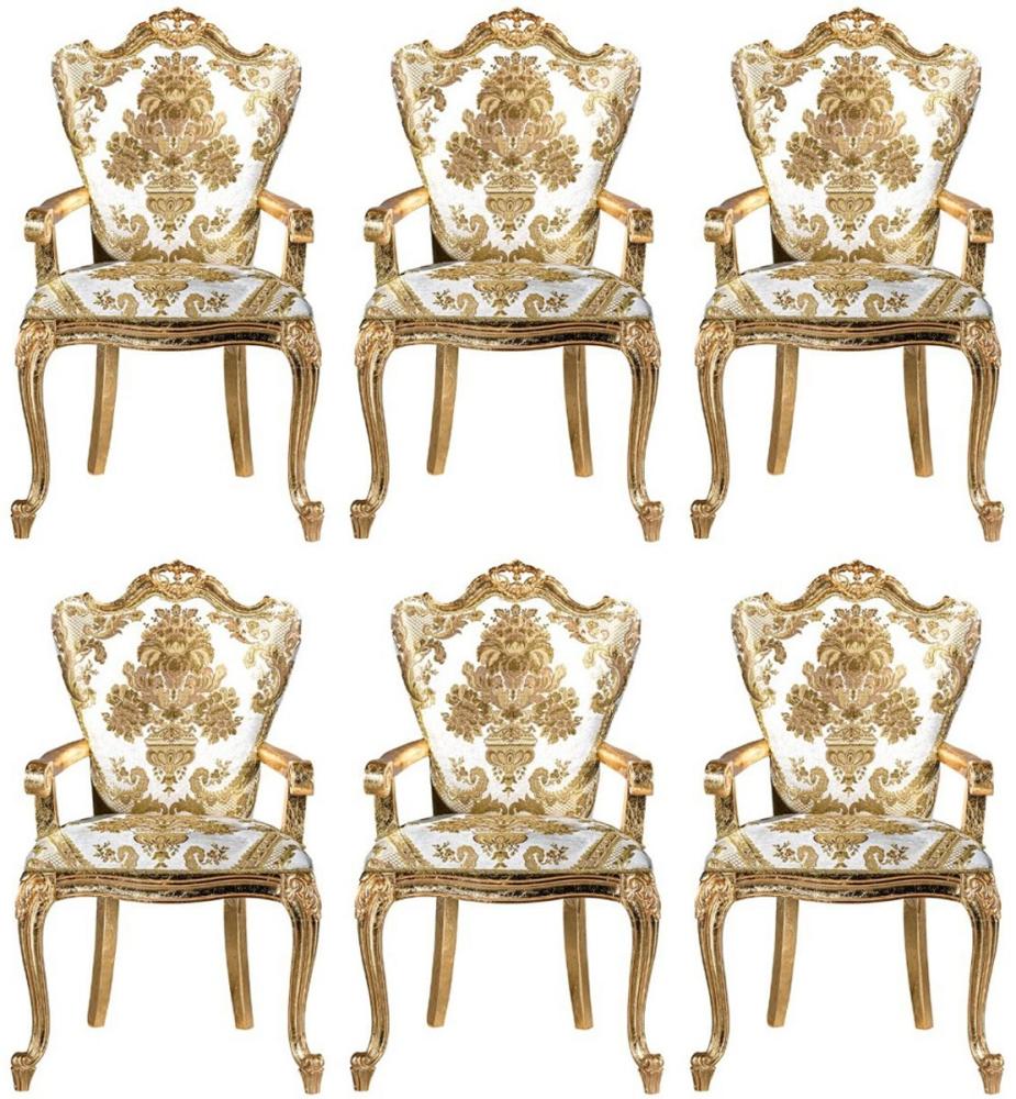 Casa Padrino Luxus Barock Esszimmerstuhl Set Weiß / Gold - 6 handgefertigte Küchen Stühle mit Armlehnen und elegantem Muster - Barock Esszimmer Möbel - Edel & Prunkvoll Bild 1