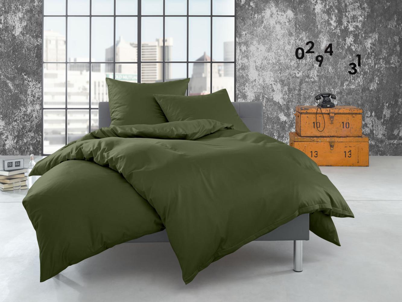 Bettwaesche-mit-Stil Flanell Bettwäsche uni / einfarbig dunkelgrün (oliv) Kissenbezug 40x40 cm Bild 1