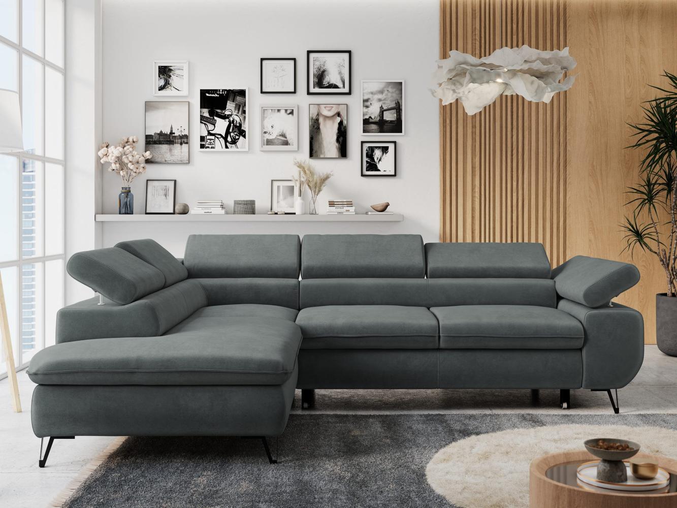 Ecksofa mit Bettfunktion, Modern Sofa, L-form, Einstellbare Kopfstützen, Bettkasten - PETER - Dunkelgrau Mikrofaser - Topper T25 - links Bild 1