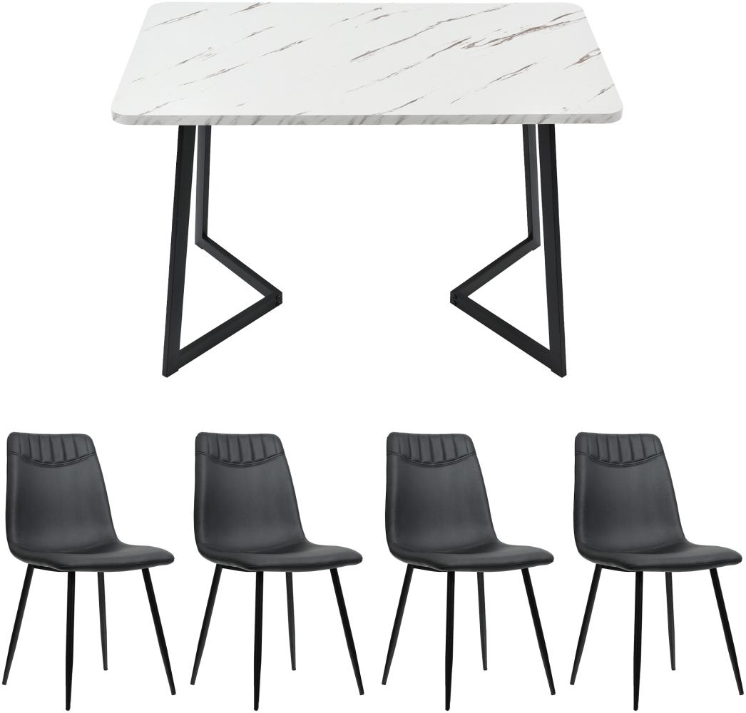 Merax Essgruppe 117×68cm Esstisch mit 4 Stühlen, (Set, 5-tlg), weißer MDF-Tischplatte mit Marmoroptik, PU, Schwarz Bild 1