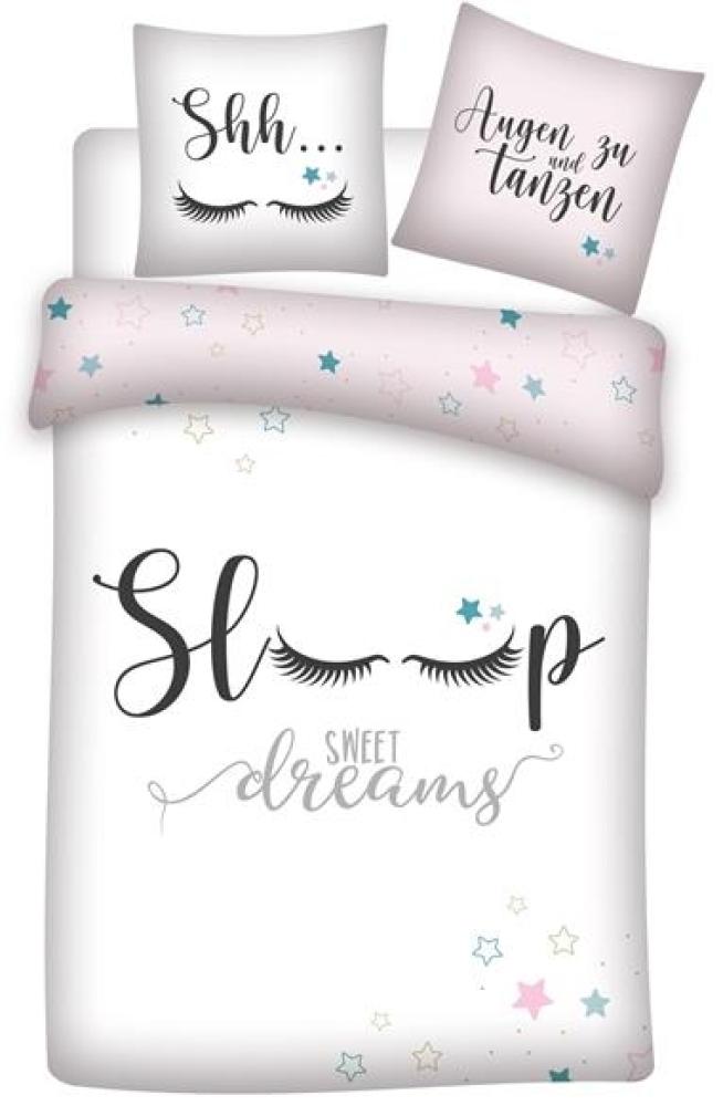 Bettwäsche für Teenager Mädchen 135x200 + 80x80 cm rosa Motiv Sleep & Sweet Dreams aus 100% Baumwolle Bild 1