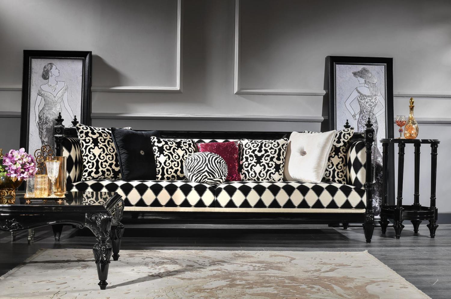 Casa Padrino Luxus Barock Sofa Weiß / Schwarz 240 x 96 x H. 83 cm - Wohnzimmer Sofa mit elegantem Muster Bild 1