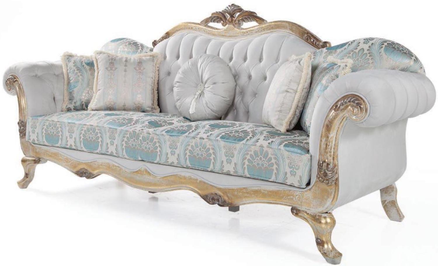 Casa Padrino Luxus Barock Samt Sofa mit Kissen Grau / Türkis / Antik Gold 252 x 82 x H. 115 cm Bild 1