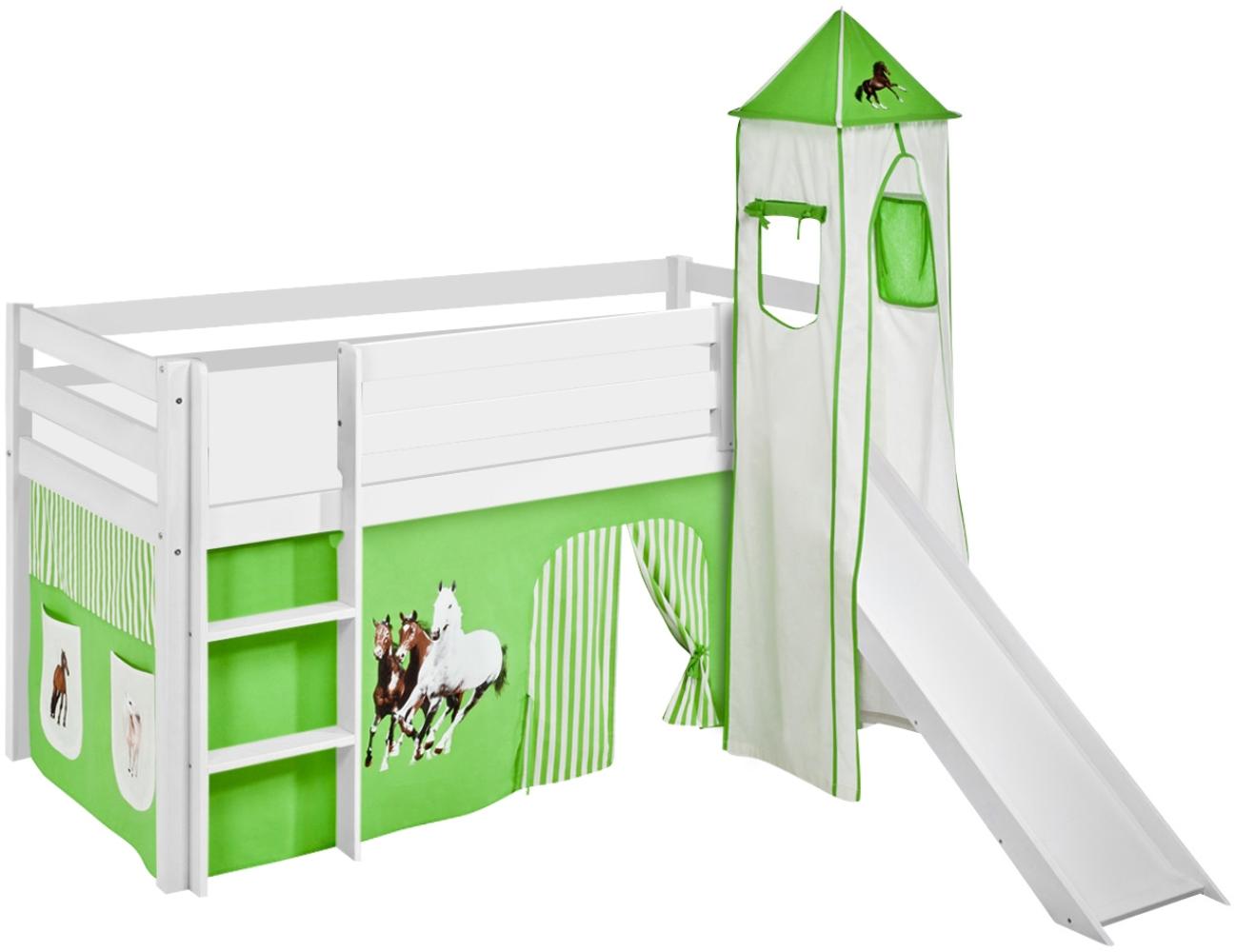 Lilokids 'Jelle' Spielbett 90 x 190 cm, Pferde Grün Beige, Kiefer massiv, mit Turm, Rutsche und Vorhang Bild 1