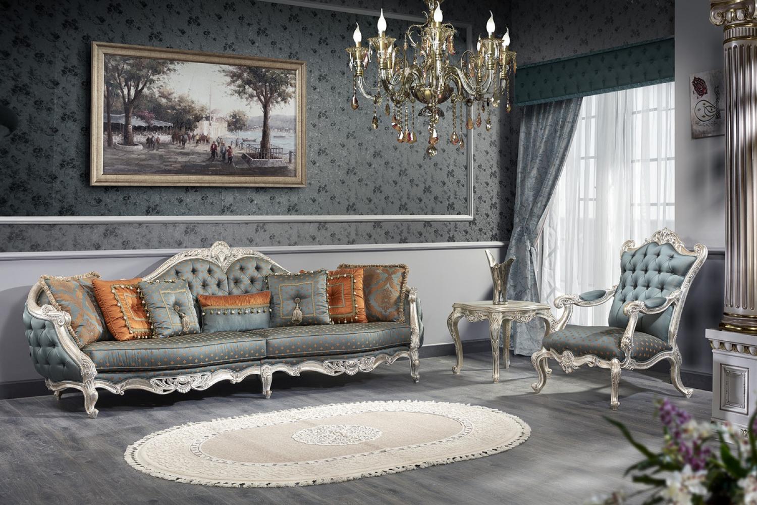 Casa Padrino Luxus Barock Wohnzimmer Set - 1 Chesterfield Sofa & 1 Chesterfield Thron Sessel & 1 Beistelltisch - Barock Wohnzimmermöbel Bild 1