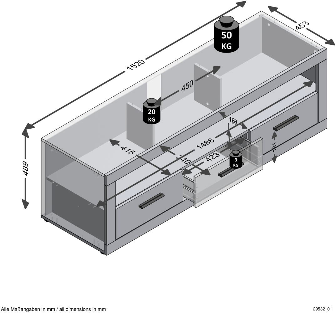 FMD Möbel - TURBO 4 - TV-Hifi Lowboard - melaminharzbeschichtete Spanplatte - Beton LA/weiß Edelglanz - 152 x 49 x 45,3cm Bild 1