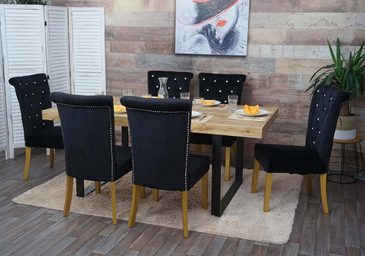 6er-Set Esszimmerstuhl HWC-D22, Stuhl Küchenstuhl, Nieten Samt ~ schwarz, goldfarbene Beine Bild 1