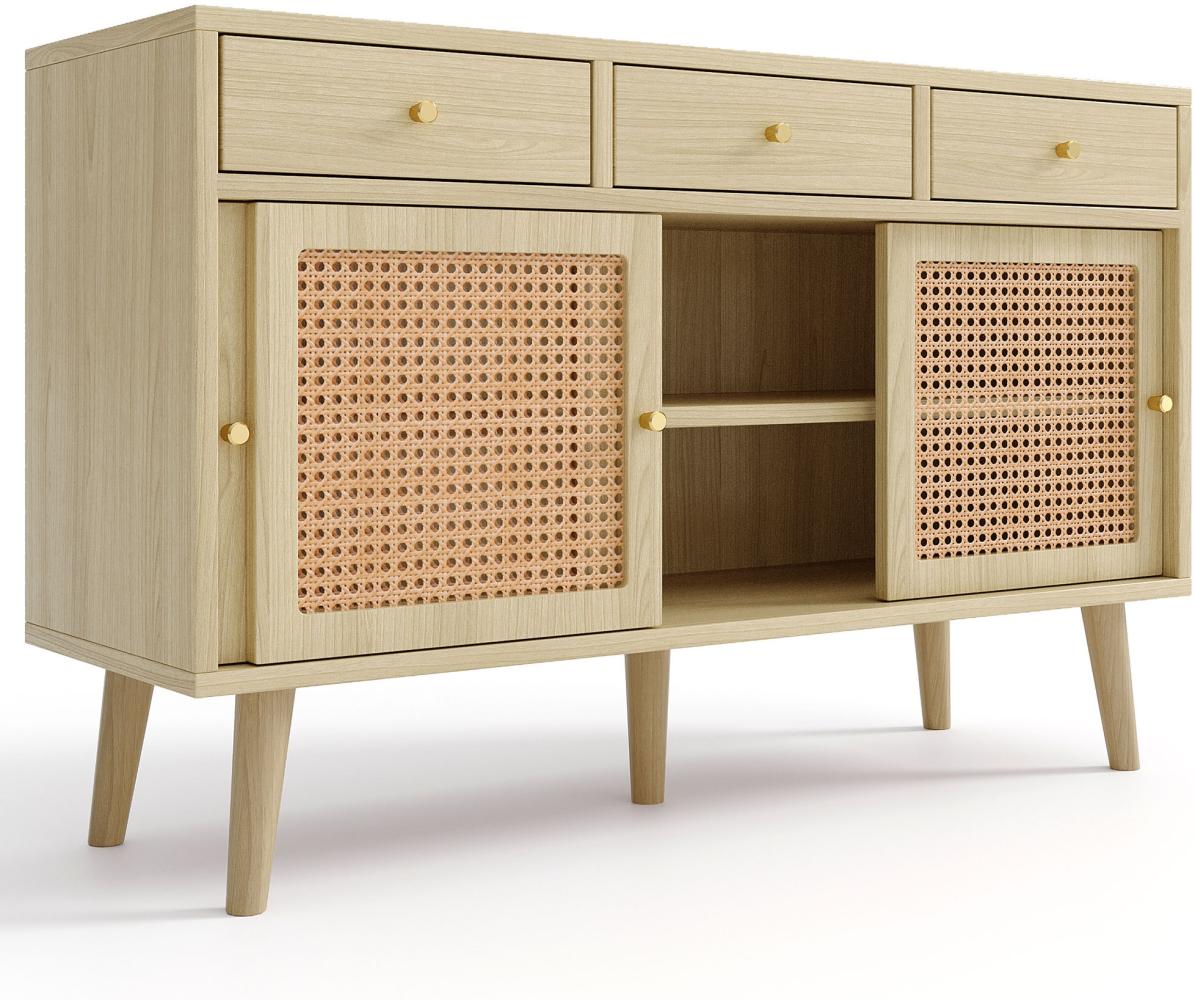 Merax Sideboard mit 3 Schubladen und 3 Schwebetüren, Rattangeflecht, Kommode mit verstellbaren Einlegböden, Anrichte, B/H/T: 120/40/78cm Bild 1