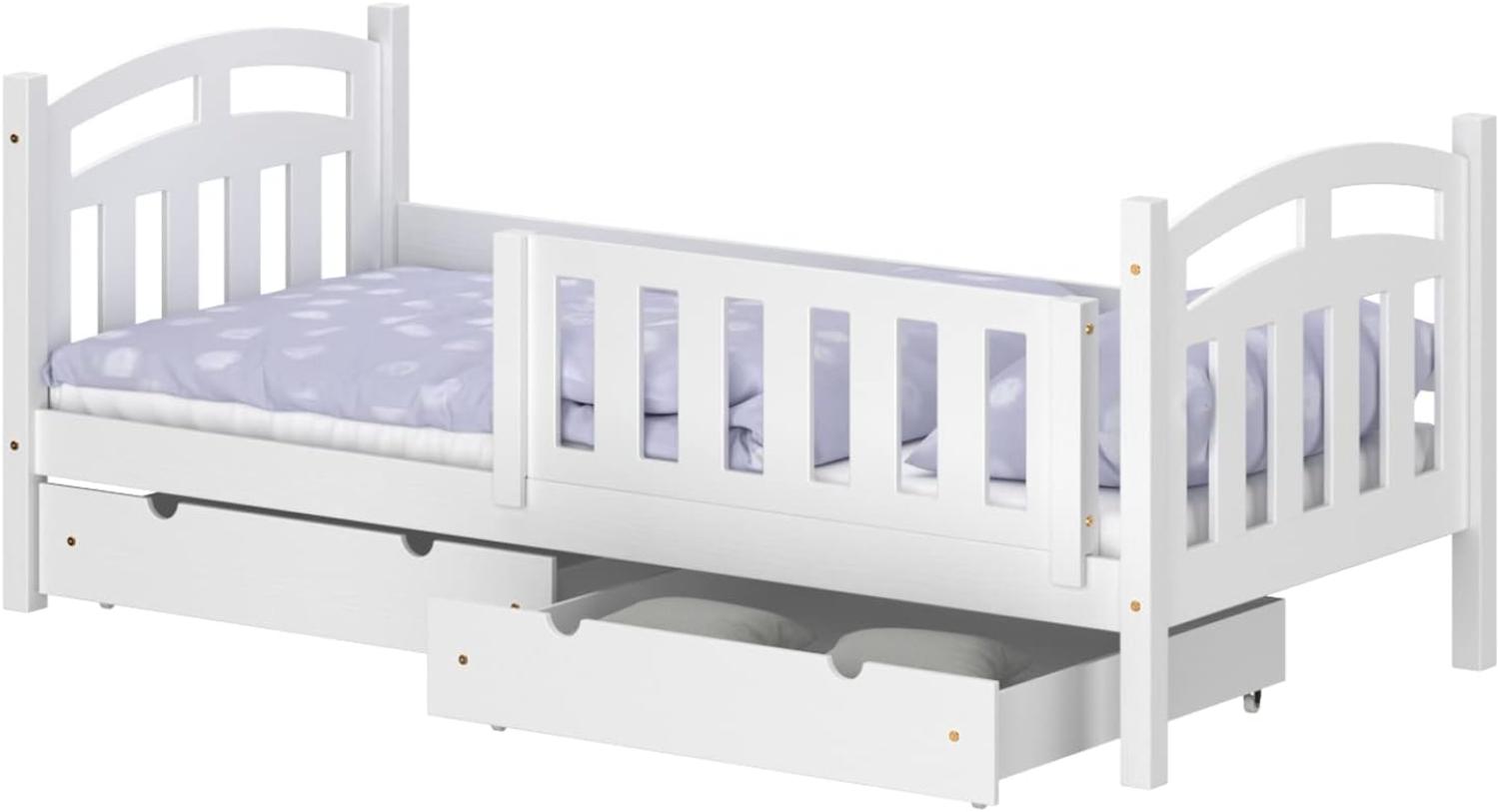 WNM Group Kinderbett mit Rausfallschutz Suzie - Jugenbett aus Massivholz - Bett mit 2 Schubladen für Mädchen und Jungen - Funktionsbett 190x90 cm - Weiß Bild 1