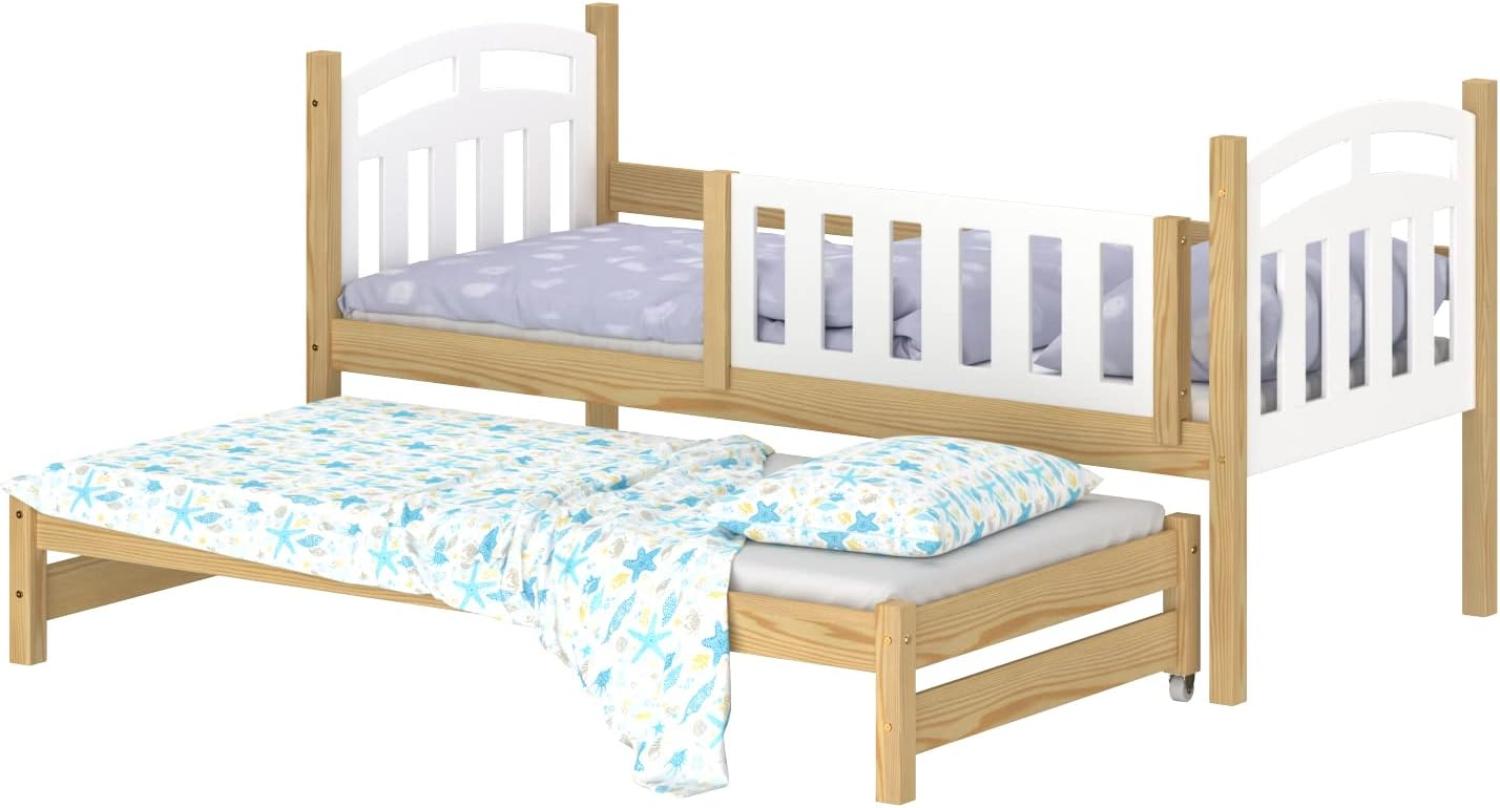 WNM Group Kinderbett Ausziehbar Suzie - aus Massivholz - Ausziehbett für Mädchen und Jungen - Hohe Qualität Bett mit Rausfallschutz für Kinder Natürliche Kiefer - 180x90 / 170x90 cm Bild 1