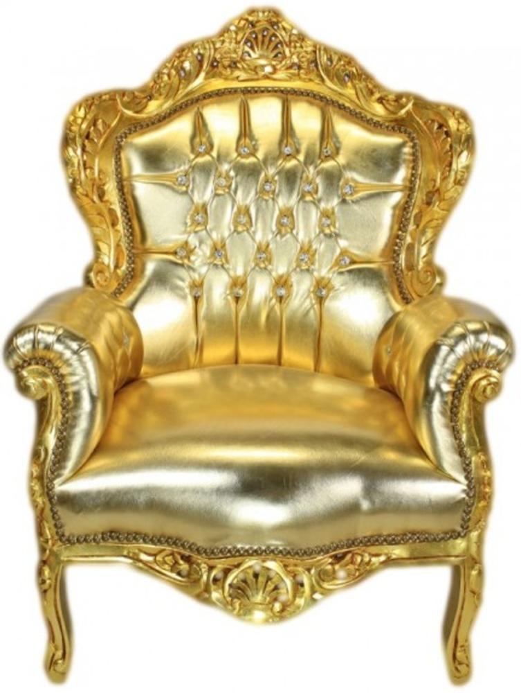 Casa Padrino Barock Sessel "King" Gold / Gold Lederoptik mit Bling Bling Glitzersteinen Bild 1