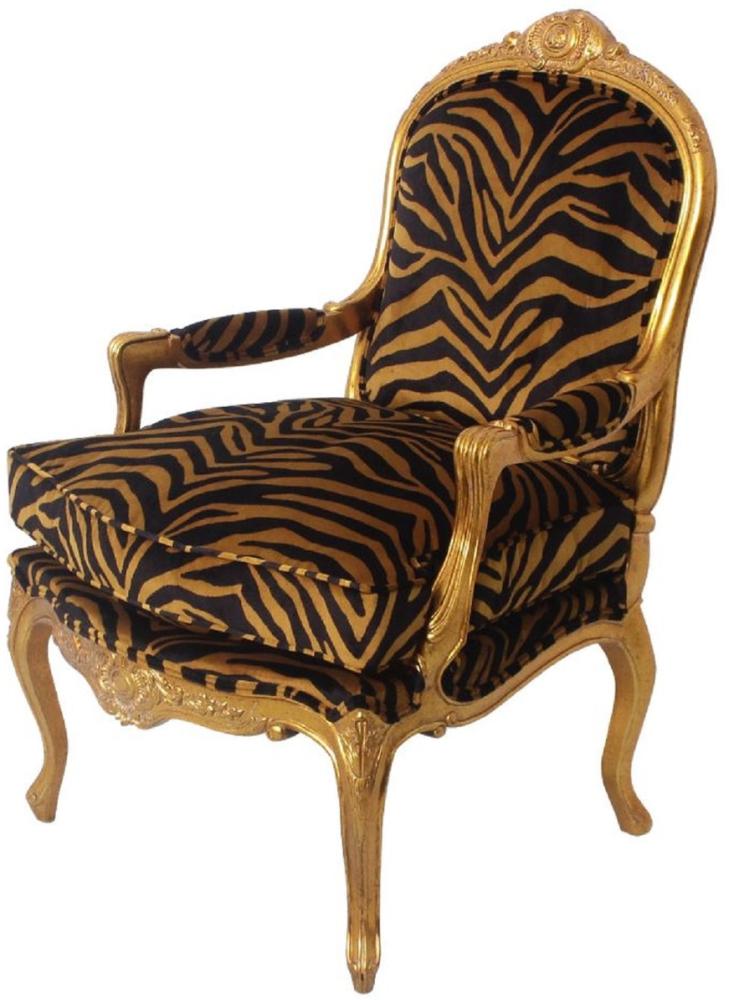 Casa Padrino Luxus Barock Sessel Gold / Schwarz / Gold 69 x 77 x H. 108 cm - Edler Mahagoni Wohnzimmer Sessel mit elegantem Tiger Muster - Barock Möbel Bild 1