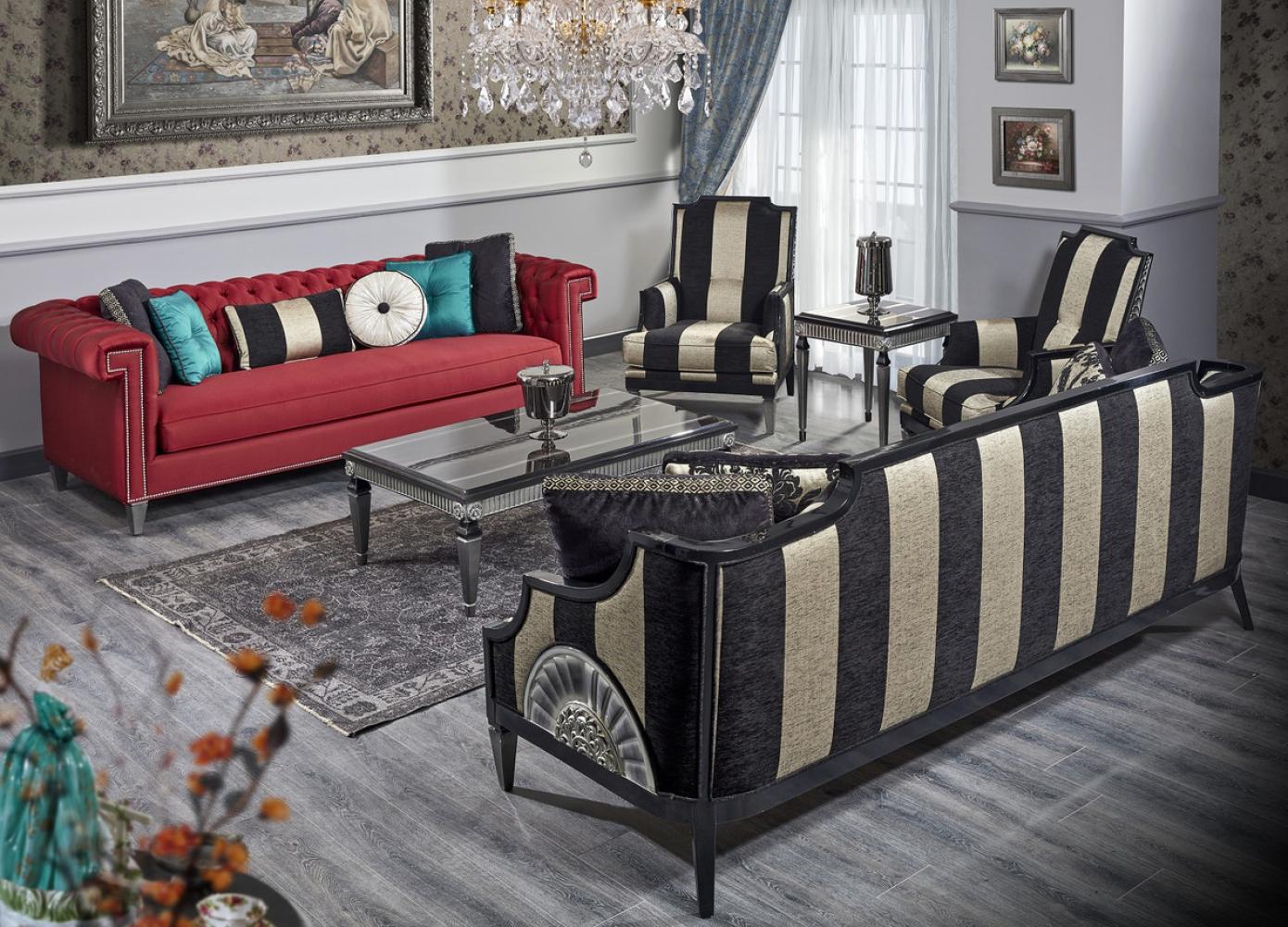 Casa Padrino Luxus Barock Wohnzimmer Set Rot / Schwarz / Gold / Silber - 2 Sofas & 2 Sessel & 1 Couchtisch & 1 Beistelltisch - Barock Wohnzimmermöbel Bild 1