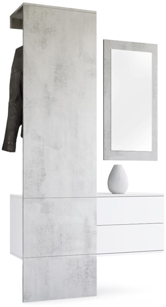Vladon Garderobe Carlton Set 2, Garderobenset bestehend aus 1 Garderobenpaneel, 1 Schubkastenschrank und 1 Wandspiegel, Weiß matt/Beton Oxid-Optik (105 x 193 x 35 cm) Bild 1
