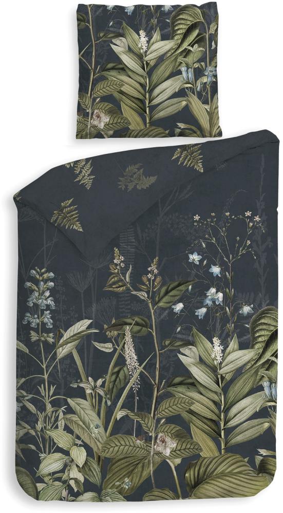 Heckett & Lane Mako-Satin Bettwäsche 155x220 Holly Navy blue Farn Blumen Gräser Bild 1