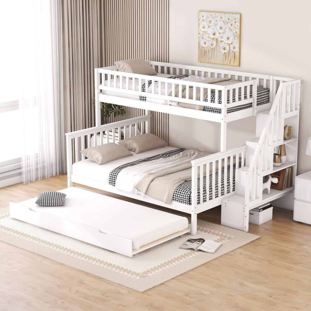 Merax 90 x 200 über 140 x 200 Etagenbett für Kinder und Jugendliche, Kinderbett, mit Rollbett und Treppe, weiß (Ohne Matratze) Bild 1