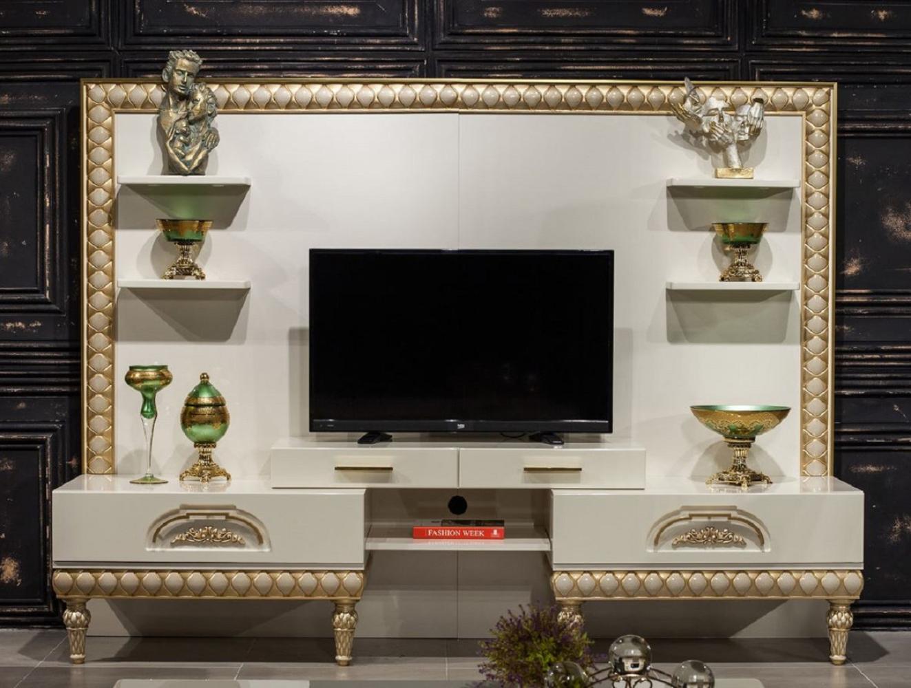 Casa Padrino Luxus Barock TV Schrank Weiß / Gold - Prunkvolles Wohnzimmer Sideboard mit Rückwand - Barock Wohnzimmer Möbel Bild 1