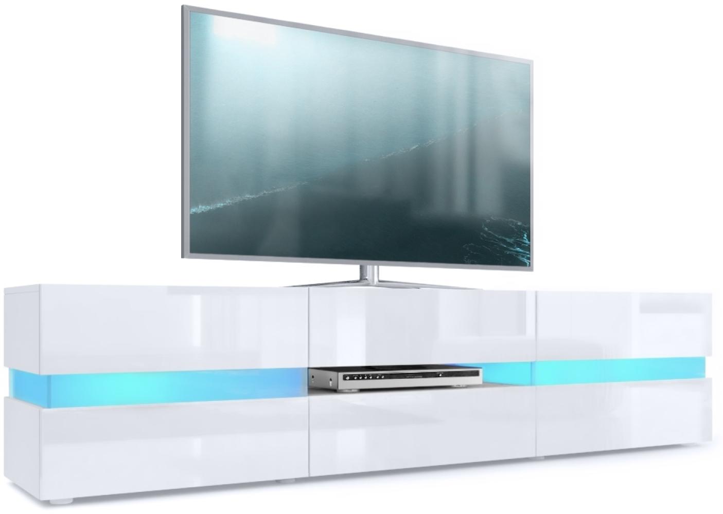 Vladon Lowboard Flow, TV-Kommode mit Ambient Light Verglasung mit 2 Türen, 1 Schublade und 1 Klappe, Weiß matt/Weiß Hochglanz, inkl. LED-Beleuchtung (177 x 45 x 39 cm) Bild 1