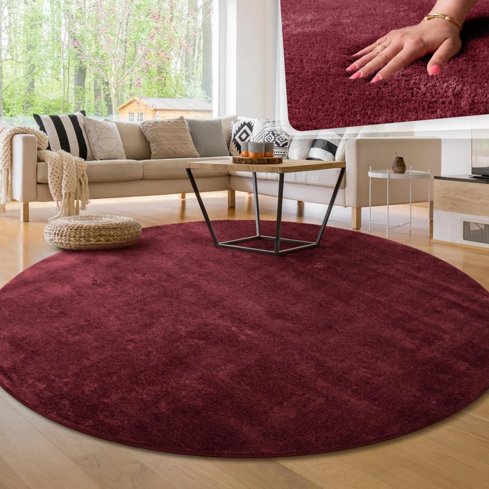 Paco Home Waschbarer Teppich Wohnzimmer Schlafzimmer Kurzflor rutschfest Flauschig Weich Moderne Einfarbige Muster, Grösse:160 cm Rund, Farbe:Rot Bild 1