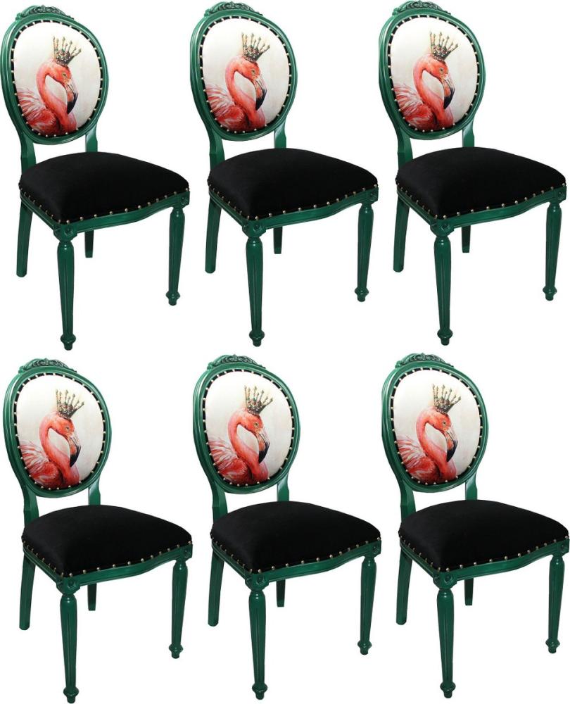 Casa Padrino Luxus Barock Esszimmer Set Flamingo mit Krone Grün / Schwarz / Mehrfarbig 48 x 50 x H. 98 cm - 6 handgefertigte Esszimmerstühle mit Bling Bling Glitzersteinen - Barock Esszimmermöbel Bild 1