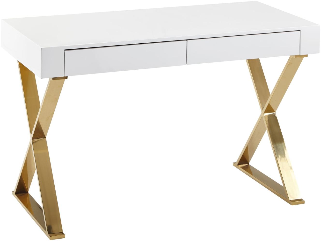 Wohnling Schreibtisch 118x76x57 cm Holz Hochglanz Weiß Metallbeine Golden | Design Computertisch PC-Tisch Bild 1