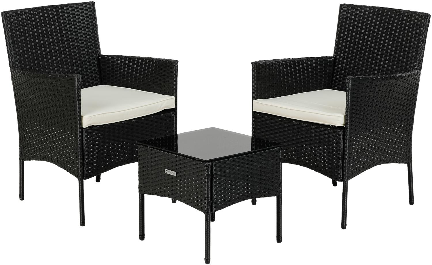 Greemotion 'Bergamo' Balkon-Set Tisch mit Glasplatte und 2 Stühle, schwarz / weiß Bild 1