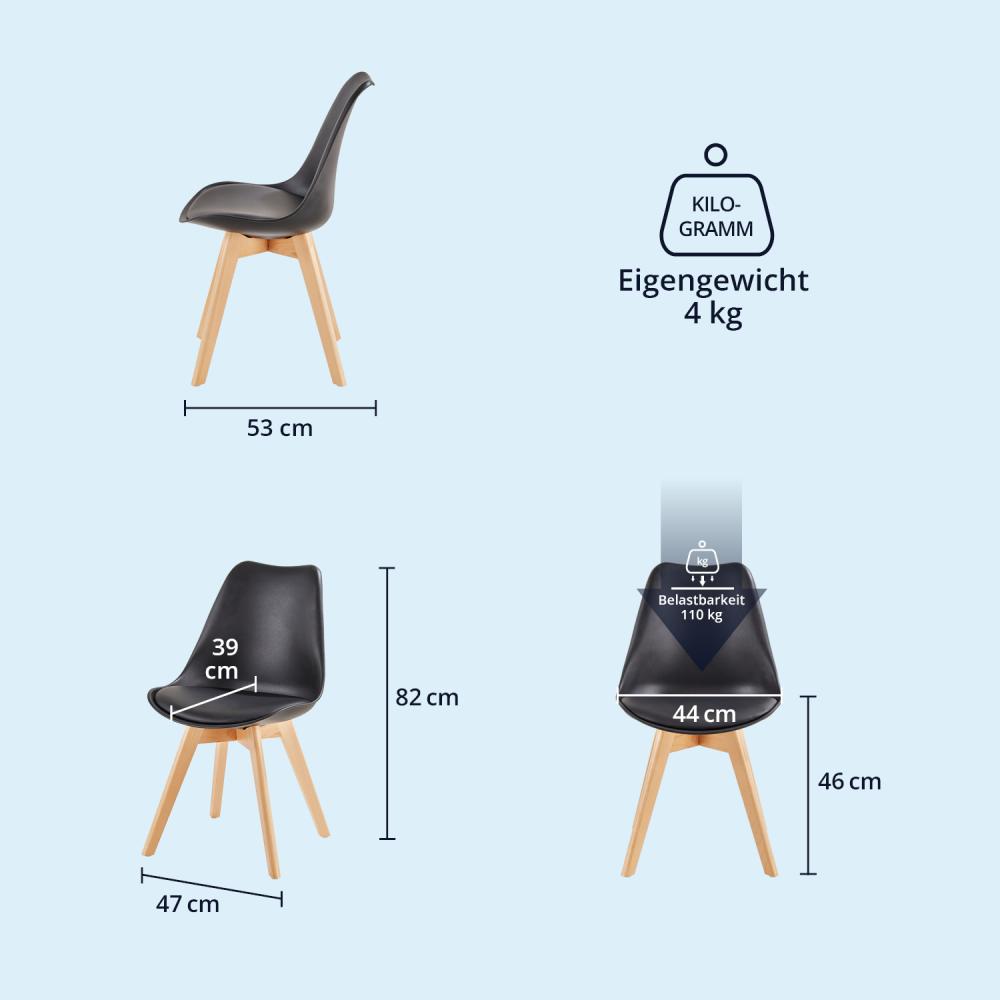 Esszimmerstühle Scandi Stil - Stuhlbeine aus Massivholz Buche - Kunststoff-Sitzschale mit Sitzpolster aus Kunstleder 1 Stuhl Schwarz Bild 1