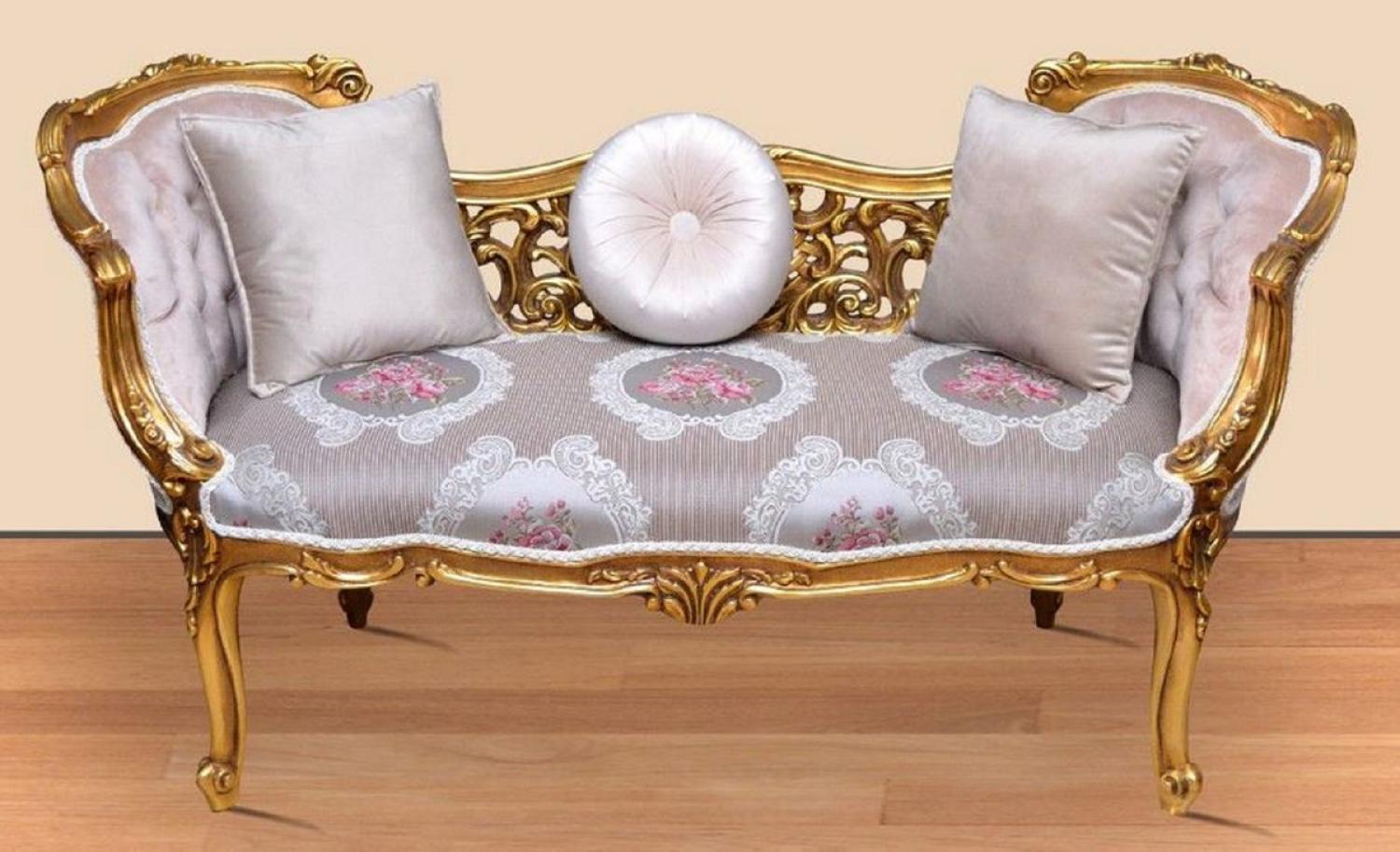 Casa Padrino Barock Sitzbank Silber / Rosa / Gold 150 x 55 x H. 80 cm - Prunkvolle Massivholz Bank mit edlem Blumenmuster - Barock Möbel Bild 1