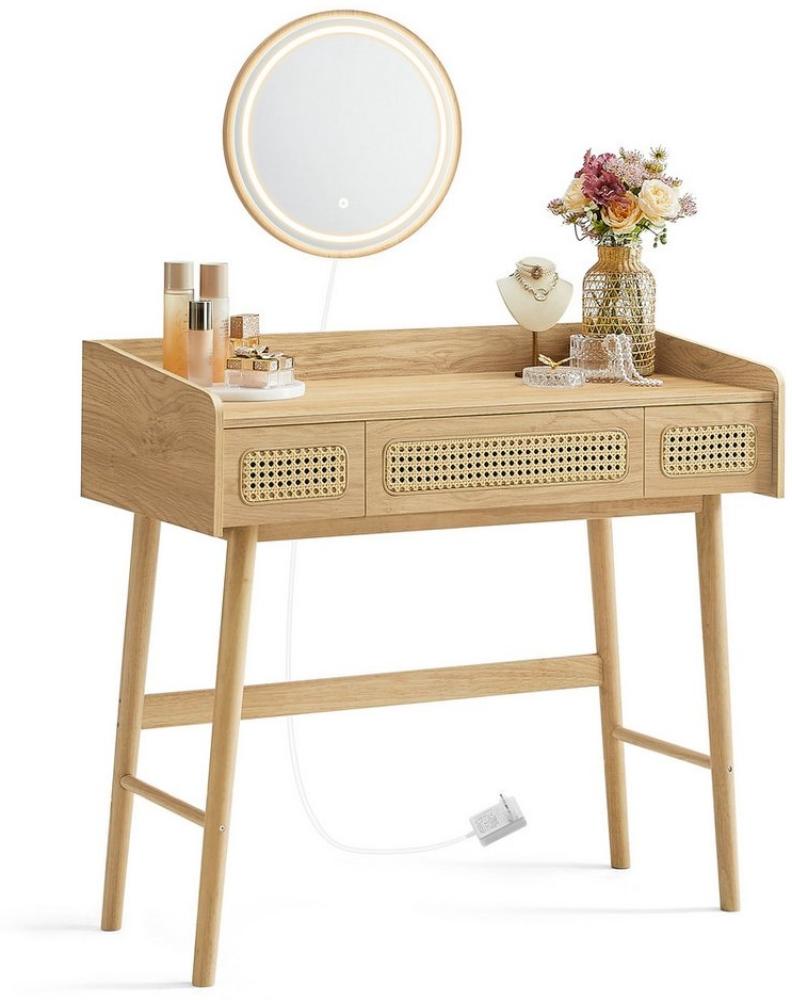 SONGMICS HOME BOHOVEN Kollektion – Schminktisch mit Spiegel, Beleuchtung, Kosmetiktisch 3 Schubladen in Rattan-Optik, Touch-Steuerung, 3 Lichtfarben, dimmbar, Boho-Stil, Schlafzimmer, eichenbeige Bild 1