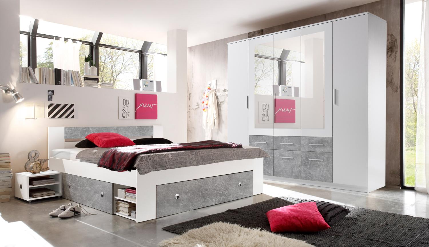Schlafzimmer Komplett Set 4-tlg. STEFAN Bett 180 Kleiderschrank weiß beton Bild 1