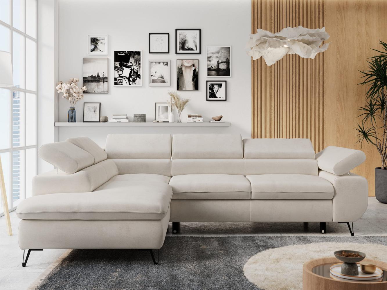 Ecksofa mit Bettfunktion, Modern Sofa, L-form, Einstellbare Kopfstützen, Bettkasten - PETER - Hellbeige Mikrofaser - links Bild 1