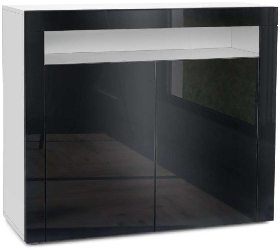 Vladon Kommode Valencia, Sideboard mit 2 Türen und 1 offenem Fach, Weiß matt/Schwarz Hochglanz/Schwarz Hochglanz (108 x 92 x 40 cm) Bild 1