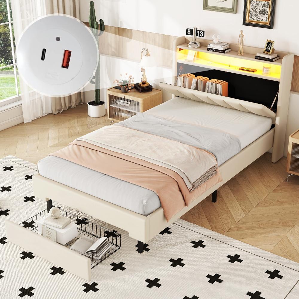 Merax 90*200cm Einzelbett, Kinderbett, Polsterbett, LED-Wärmelampe, USB-Steckdose, aufklappbares Kopfteil, eingebautes Staufach, beige Bild 1