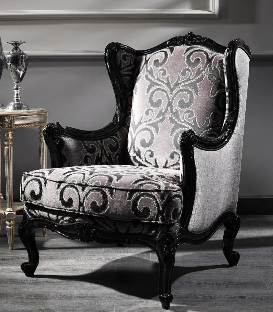 Casa Padrino Luxus Barock Ohrensessel Silber / Schwarz 77 x 85 x H. 110 cm - Wohnzimmer Sessel mit edlem Muster - Barock Möbel Bild 1